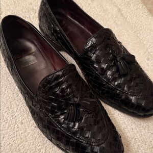 Black Woven Leather Loafers with Tassels